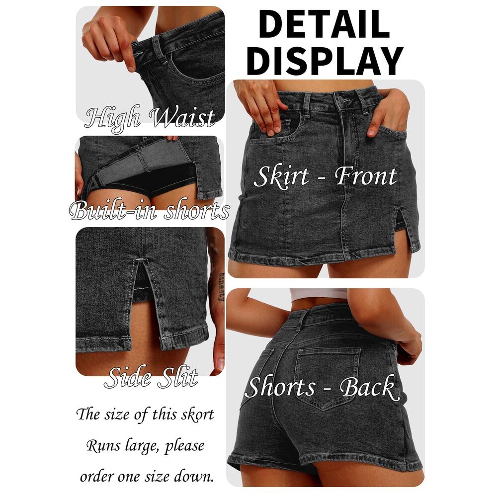 3029 Skorts Skirts Denim Mini Skirt Side Slit with High Waisted Jean Shorts - Picture 5 of 5